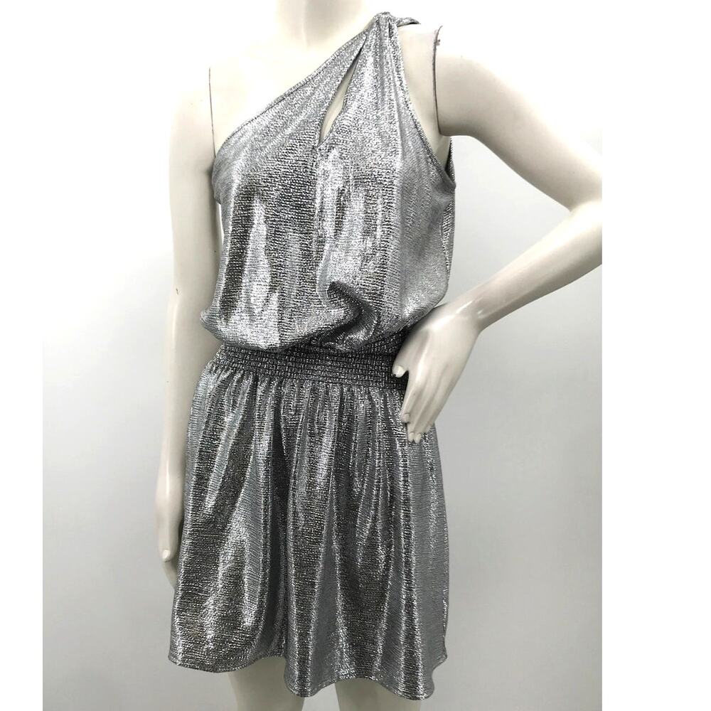 Ramy Brook Nadya Silver Metallic One Shoulder Smocked Mini Dress M